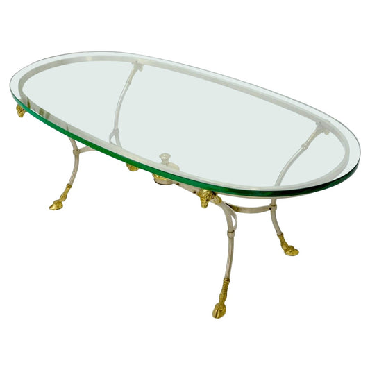 EstablishedLines Oval Glass Top Brass & Chrome Hoof Feet Coffee Table Jansen Style
