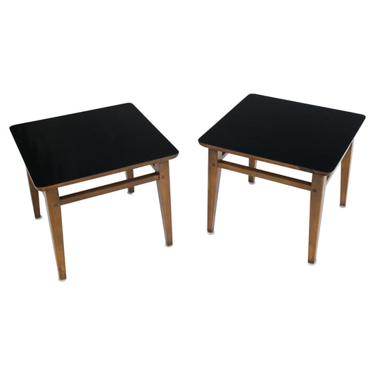 EstablishedLines Pair of Mid-Century Modern Black Laminate Top Walnut End Tables Stands