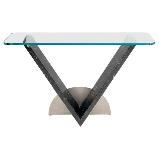 EstablishedLines "V" Shape Marble Base Thick Glass Top Modern Custom Design Console Table