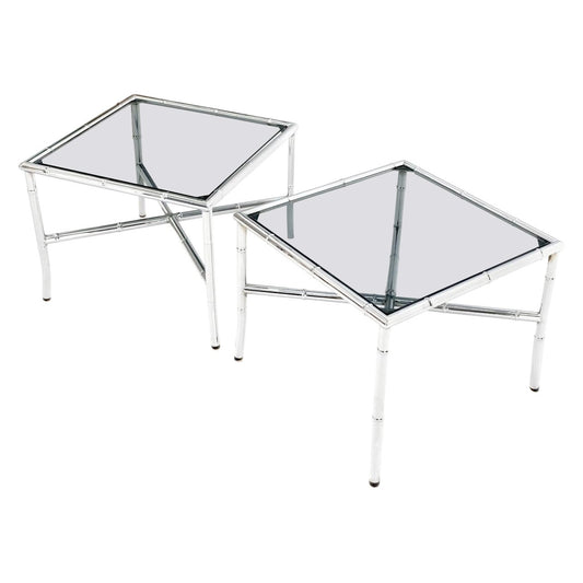 EstablishedLines Pair of Chrome Metal Faux Bamboo x Base Smoked Glass End Side Tables