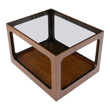 EstablishedLines Cube Shape Rectangular Smoked Glass Oiled Walnut Side End Table