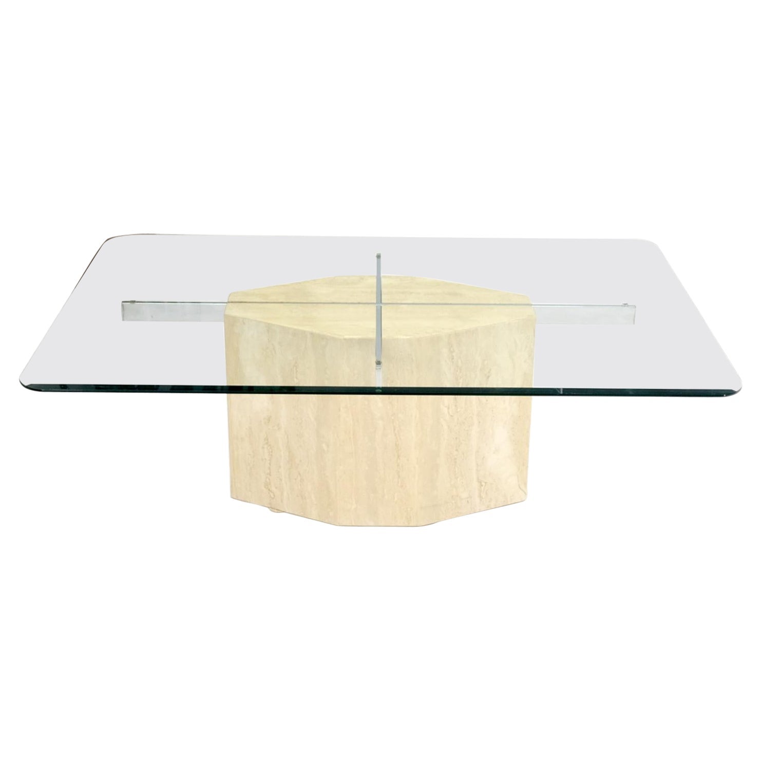 EstablishedLines Traverting & Chrome Diamond Shape Pedestal Base Glass Top Rectangle Coffee Table