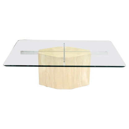 EstablishedLines Traverting & Chrome Diamond Shape Pedestal Base Glass Top Rectangle Coffee Table
