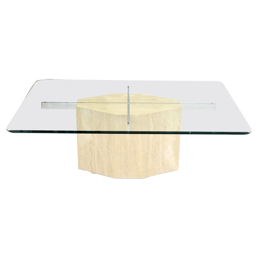EstablishedLines Traverting & Chrome Diamond Shape Pedestal Base Glass Top Rectangle Coffee Table