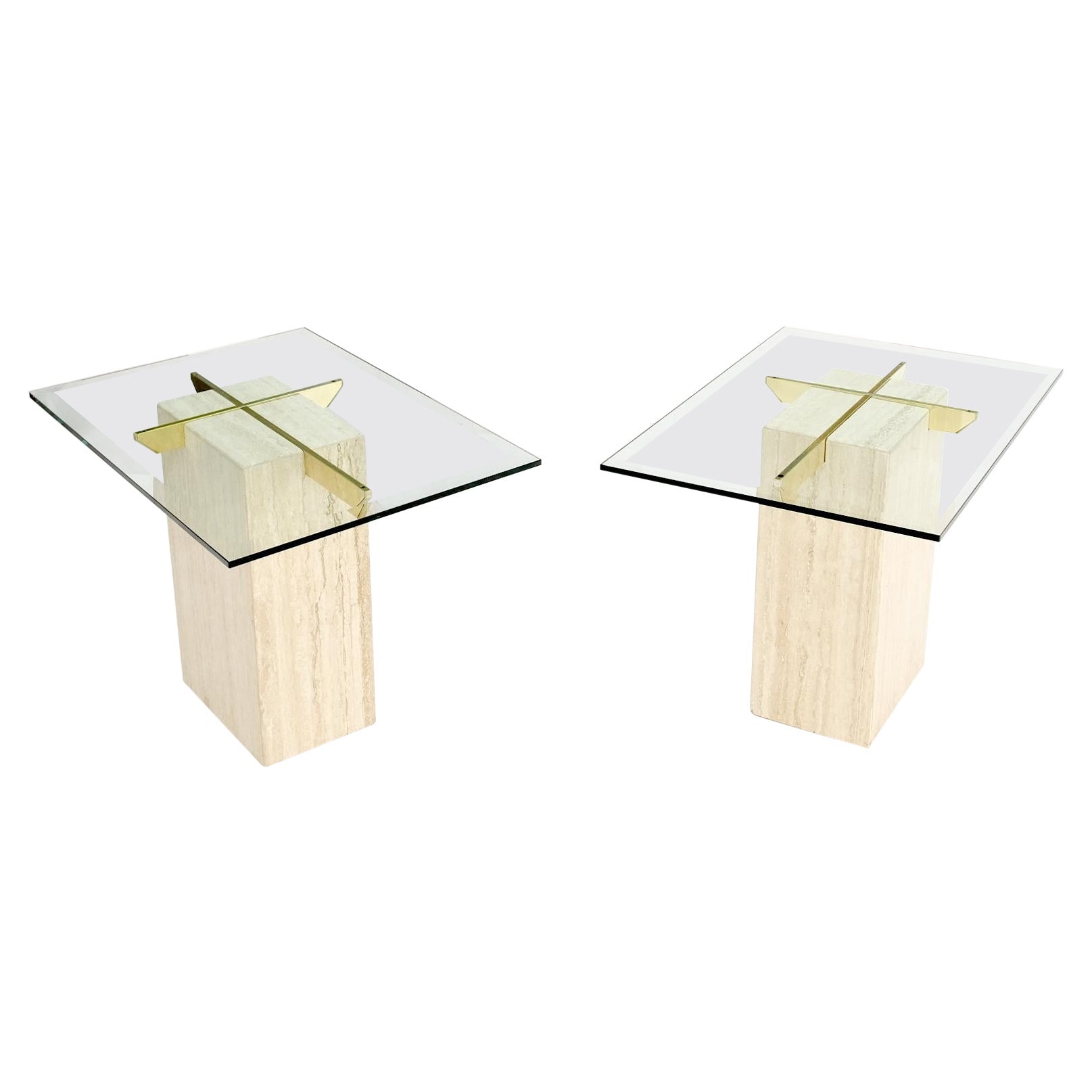 EstablishedLines Pair of Travertine Pedestal Bases Brass Frames Glass Tops End Side Tables Stands
