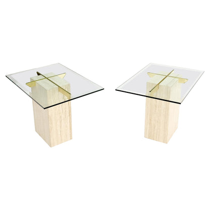 EstablishedLines Pair of Travertine Pedestal Bases Brass Frames Glass Tops End Side Tables Stands