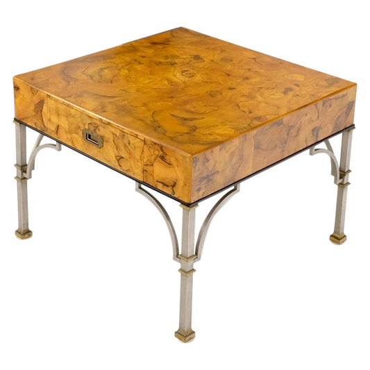 EstablishedLines Square Burl Olive Wood Campaign Style Pull One Drawer Large End Side Table