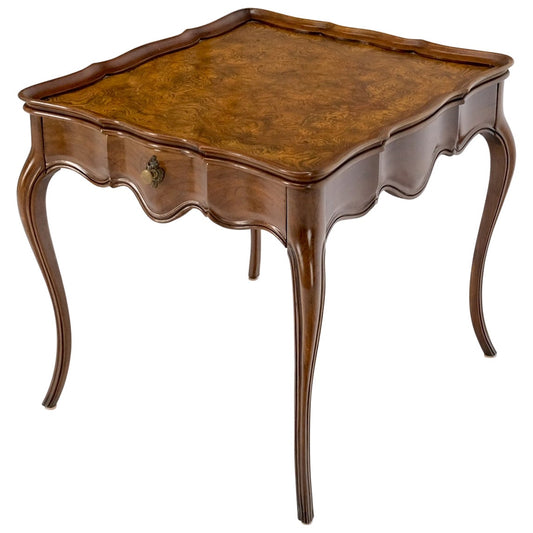 EstablishedLines Baker Burl Wood Square One Drawer Cabriole Leg Side End Table Gallery Top