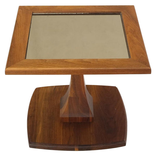 EstablishedLines Square Oiled Walnut Mirror Tile Top Occasional Side End Table Stand Figural Base