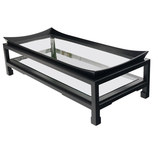EstablishedLines James Mont Rectangle Black Lacquer Glass Top Deco Mid Century Coffee Table