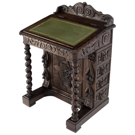 EstablishedLines 19th Century Davenport Heavily Carved Oak Desk w/ Rope Twist Supports 4 Drawers