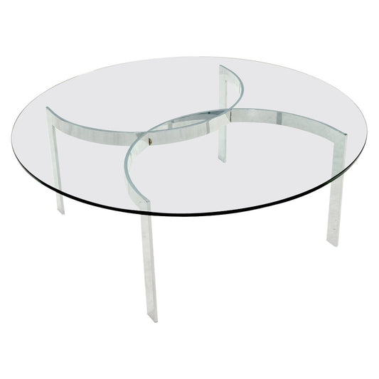 EstablishedLines Round Glass Top Crome Interlocking Half Circle Shape Figures Base Coffee Table