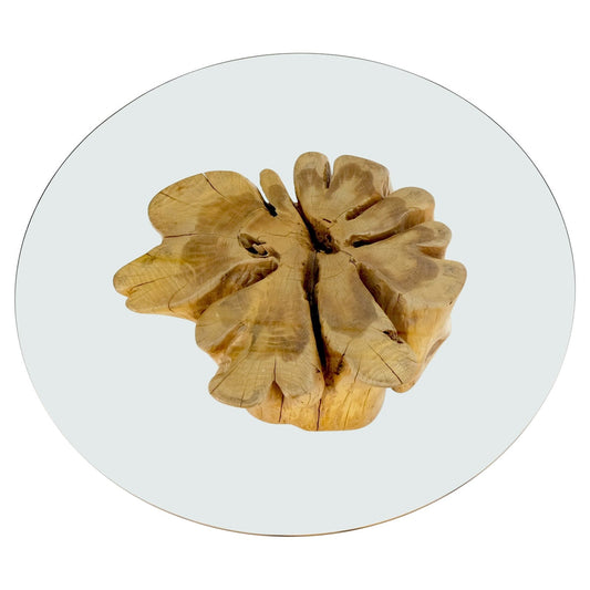 EstablishedLines Large Pedestal Natural Blond Wood Tree Stump Base Round Glass Top Coffee Table