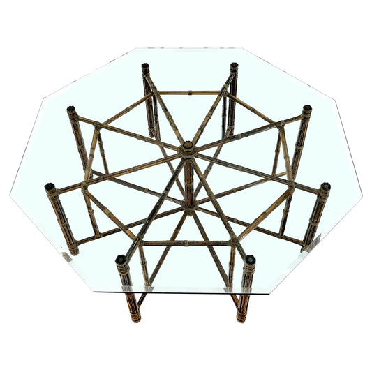 EstablishedLines Very Large Octagonal Glass Top Leather Strapped Bamboo McGuire Dining Table