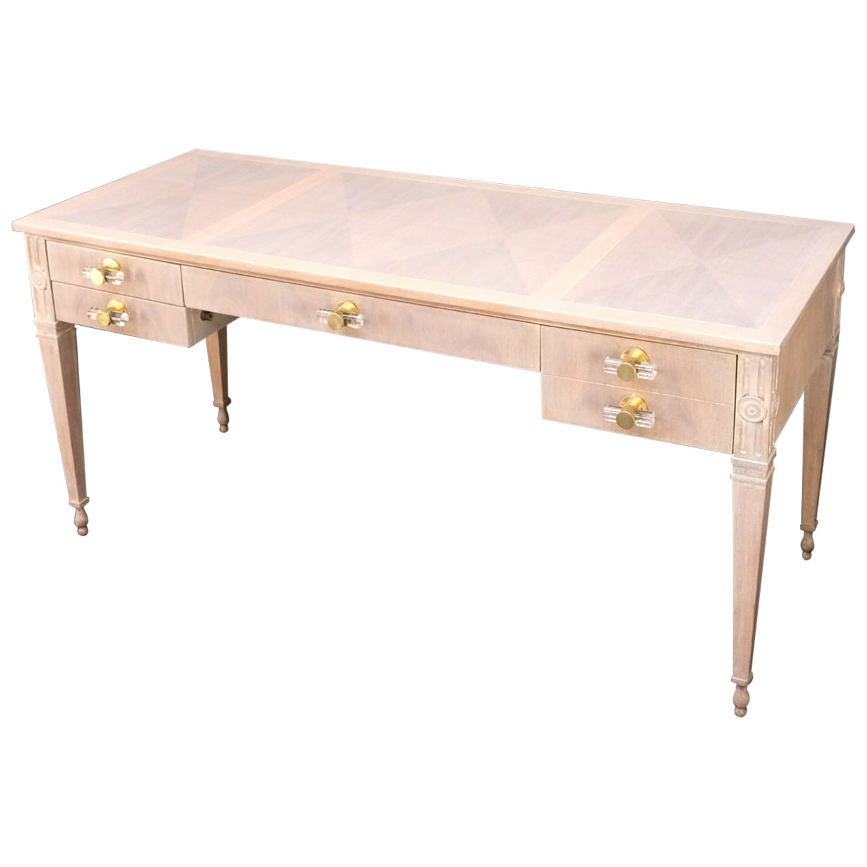 EstablishedLines Baker Bleached Walnut Lucite & Brass Pulls 4 Drawer Low Profile Desk Console