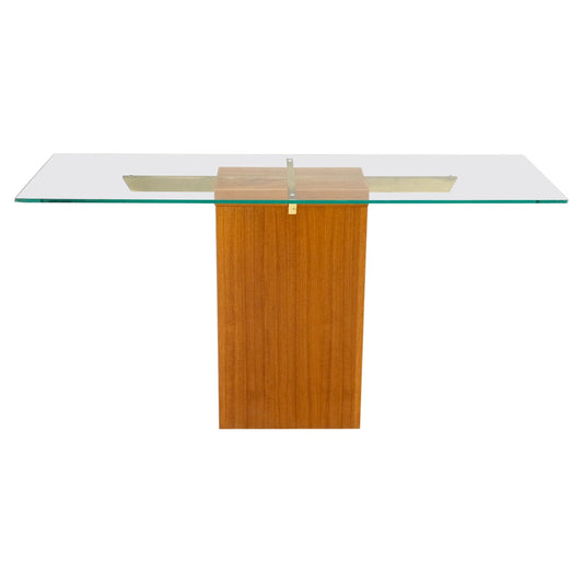 EstablishedLines Danish Mid-Century Modern Teak Brass Glass Top Pedestal Base Console Sofa Table