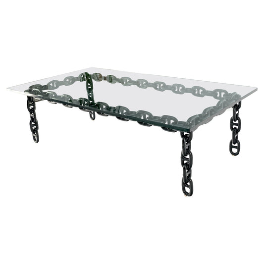EstablishedLines Large Oversize Fused Marine Chain Base Rectangle Coffee Table Thick Glass Top