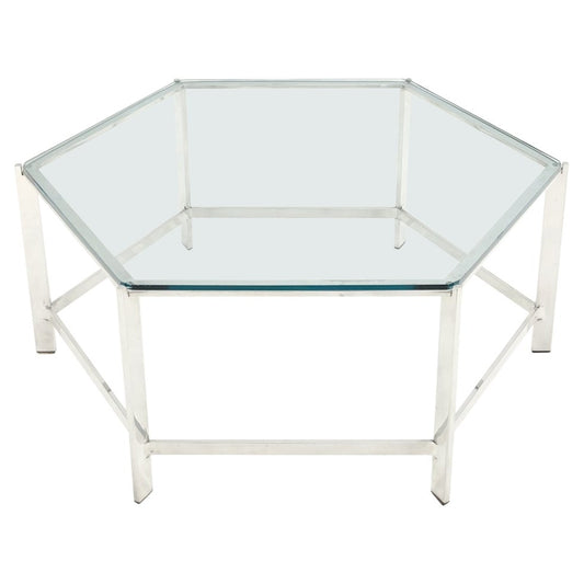 EstablishedLines Polished Stainless Steel Hexagon Glass Top Custom Mid-Century Coffee Table