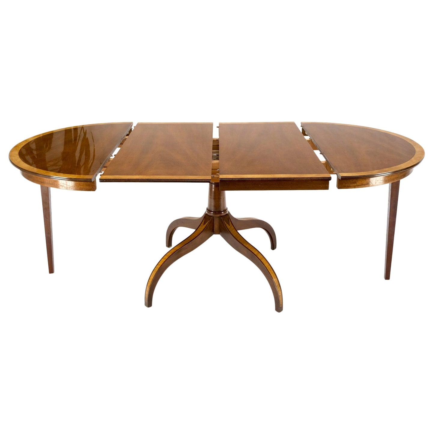 EstablishedLines Charak Lacquered Mahogany Banded Round Dining Table w/ 2 Leaves Inlaid Legs Mint