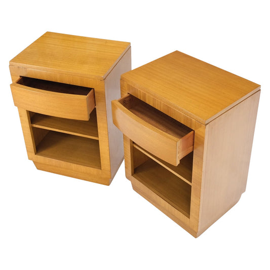 EstablishedLines Pair Art Deco Mid-Century Modern Blond Mahogany 1 Drawer Shelf Night Stands Mint