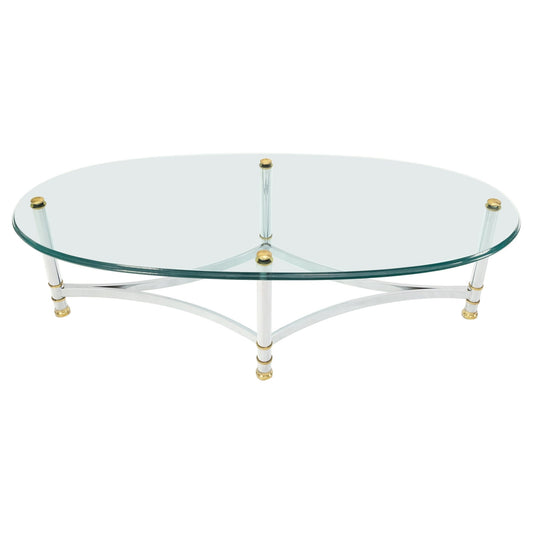 EstablishedLines Brass Chrome Thick 3/4" Glass Top Mid Century Modern Oval Coffee Center Table
