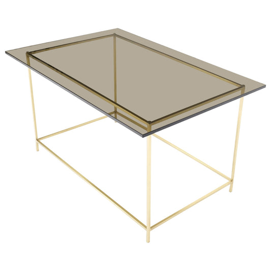 EstablishedLines Square Solid Brass Bar Profile Base Rectangle Smoked Glass Top Coffee Side Table
