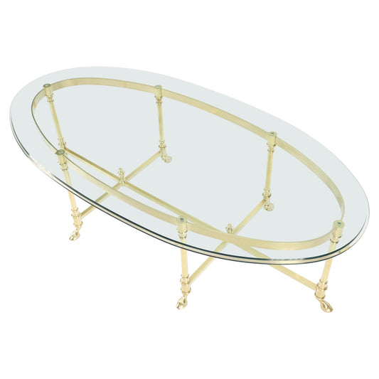 EstablishedLines Large Oval Solid Brass Glass Top Hoof Feet Italian Coffee Table