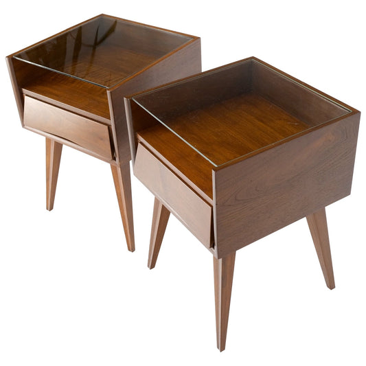 EstablishedLines Pair Swedish Mid Century Modern Glass Top Cube Shape End Side Tables NightStands