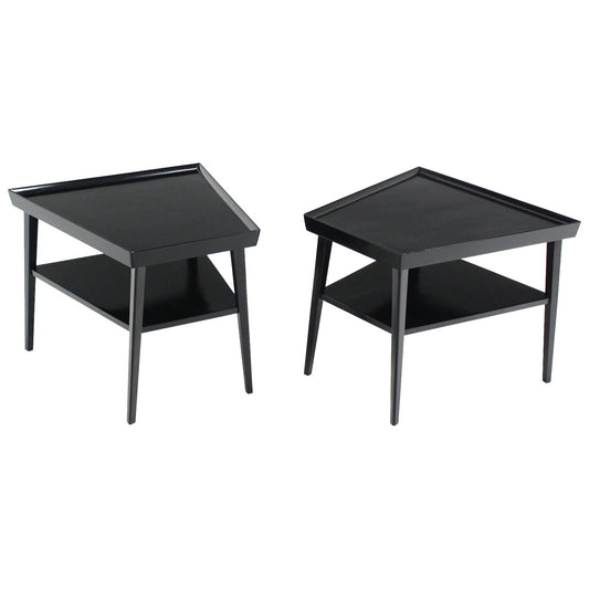 EstablishedLines Pair of Black Lacquer Trapezoid Shape Two Tier End Side Tables Stands