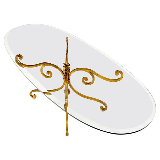EstablishedLines Oval Glass Gold Gilt Wrought Iron Metal Base Hollywood Regency Coffee Table