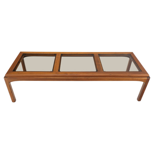 EstablishedLines Large Rectangle 3 Smoked Glass Panes Top Solid Oiled Walnut Coffee Table MINT!
