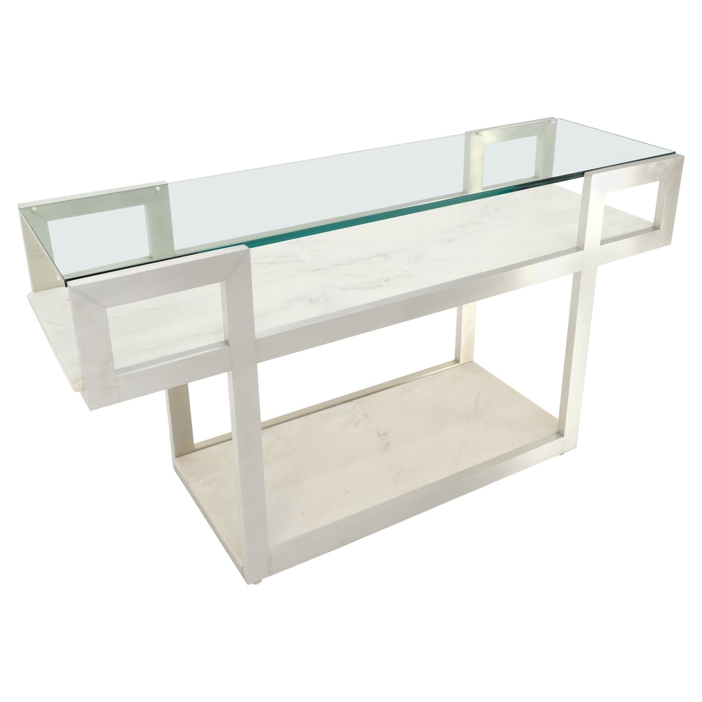 EstablishedLines Aluminum Frame Glass Shelves Two Marble Shelves Console Sofa Table Mid Century