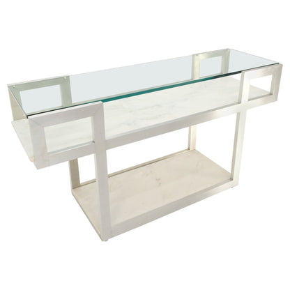EstablishedLines Aluminum Frame Glass Shelves Two Marble Shelves Console Sofa Table Mid Century