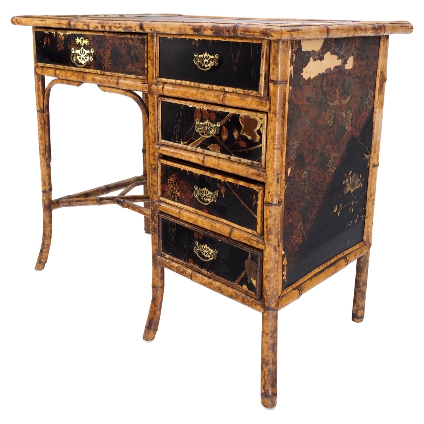 EstablishedLines Antique Asian Oriental japaneese Burned Bamboo Hand Painted Decorated Desk Table