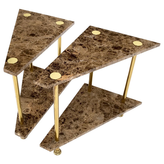 EstablishedLines Pair Polished Brass Marble Trapezoid Two Tier Side End Tables Night Stands Mint