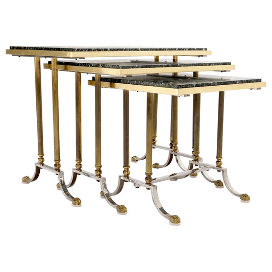 EstablishedLines Set of 3 Very Fine Metal Work Brass Chrome Marble Top Nesting Side End Tables