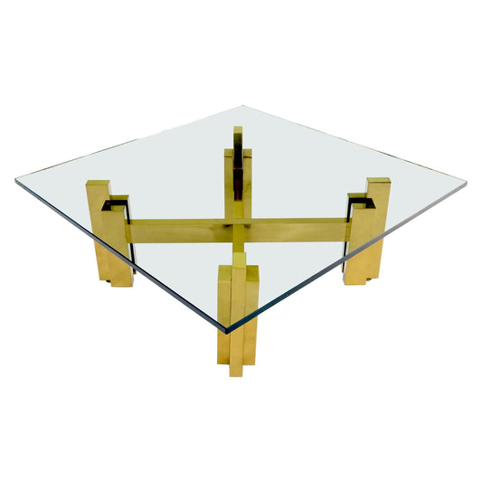 EstablishedLines Heavy Polished Brass x Base Thick Glass Square Coffee Table Nice!