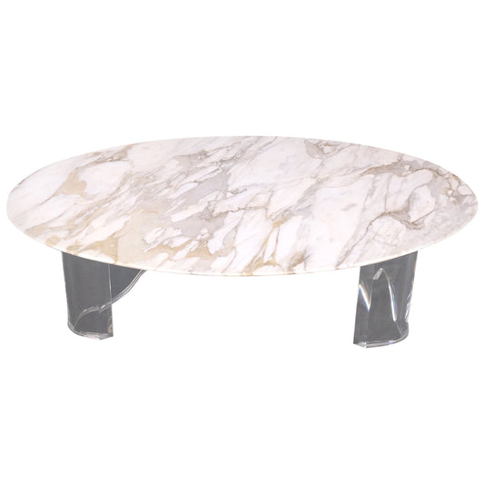 EstablishedLines Mid-Century Modern Oval Carrara Marble Top Organic Lucite Base Coffee Table