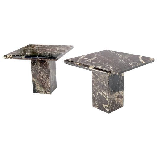 EstablishedLines Pair of Square Black & Dark Red & White Veins Marble Side End Tables Stands Mint