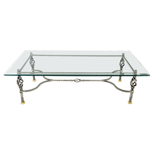 EstablishedLines Wrought Iron Art Ornament Brass Tips Feet Glass Top Rectangle Coffee Table MINT