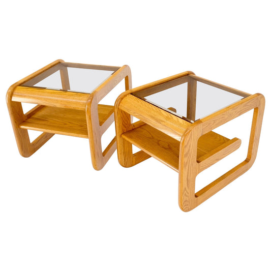 EstablishedLines Pair of Mid-Century Solid Oak Smoked Glass Top End Side Tables W Shelves Mint!
