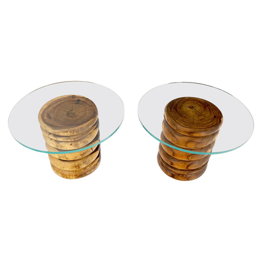 EstablishedLines Pair Solid Carved Wood Cylinder Shape Bases Glass Top End Side Tables Stands