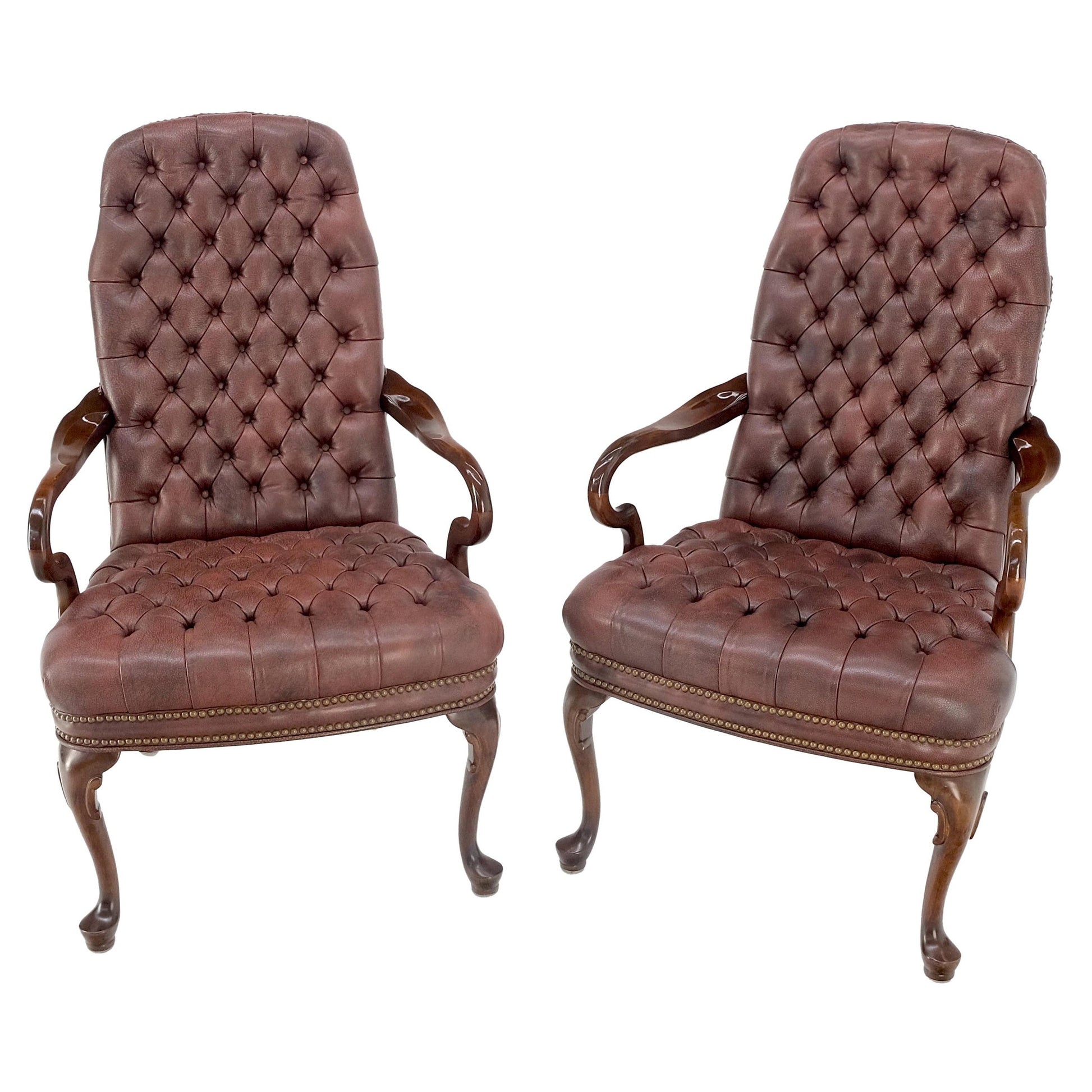 EstablishedLines Pair Burgundy Leather Queen Anne Tufted Upholstery Walnut Armchairs MINT