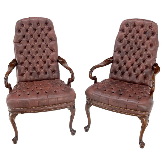 EstablishedLines Pair Burgundy Leather Queen Anne Tufted Upholstery Walnut Armchairs MINT