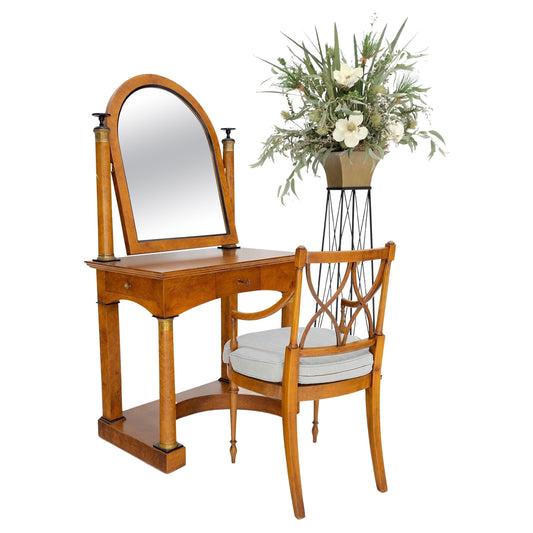 EstablishedLines Burl Wood Biedermeier Dressing Table Mirror Matching Chair Cane Seat Mint!