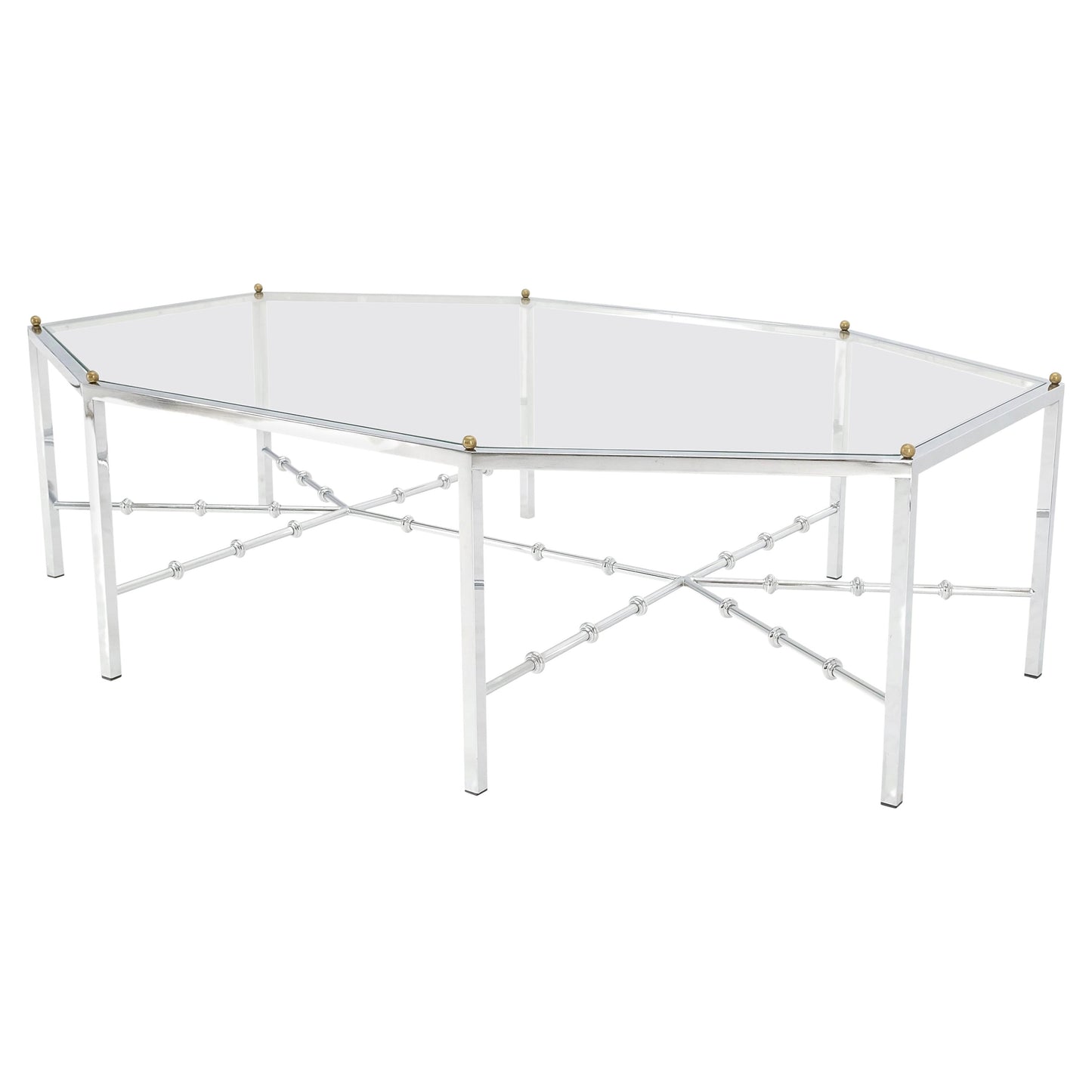 EstablishedLines Faux Bamboo Chrome Glass Top Brass Balls Finials Elongated Hexagon Coffee Table