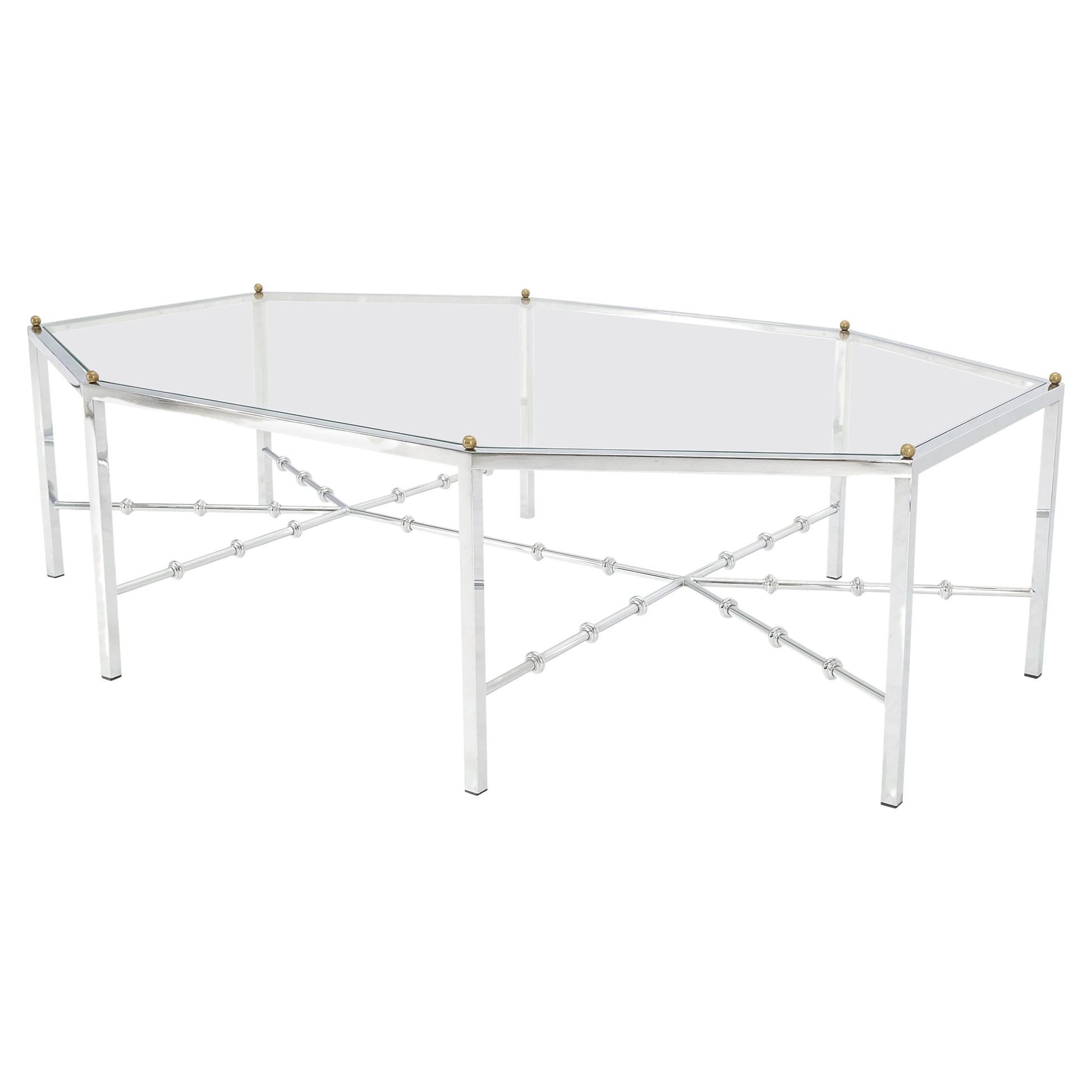 EstablishedLines Faux Bamboo Chrome Glass Top Brass Balls Finials Elongated Hexagon Coffee Table