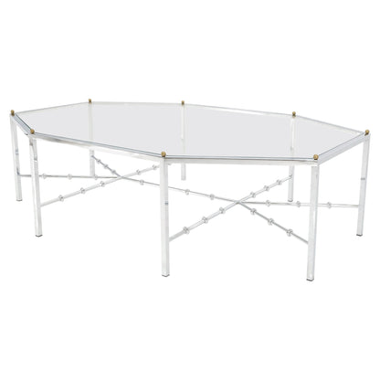 EstablishedLines Faux Bamboo Chrome Glass Top Brass Balls Finials Elongated Hexagon Coffee Table