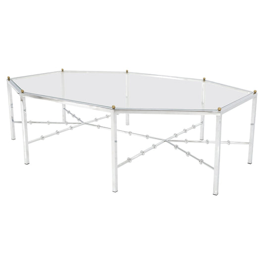EstablishedLines Faux Bamboo Chrome Glass Top Brass Balls Finials Elongated Hexagon Coffee Table