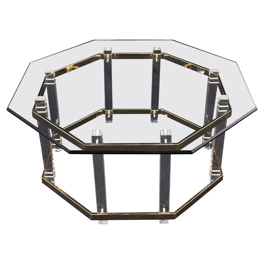 EstablishedLines Octagonal Lucite Base Glass Top Mid-Century Modern  Round Coffee Table Mint